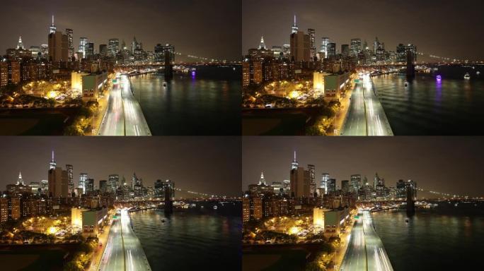 曼哈顿夜光交通河道4k延时从纽约