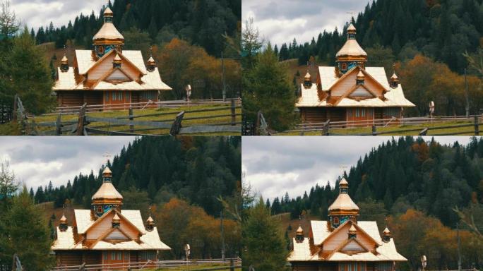 山里美丽的金色东正教教堂。乌克兰最高的山村Dzembronya