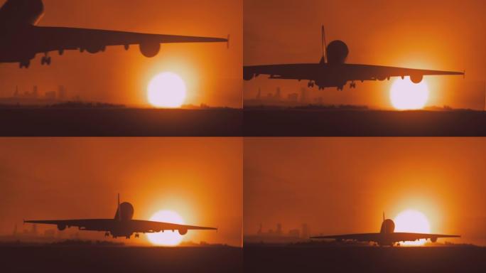 大型客机在日落时降落。4k镜头。
