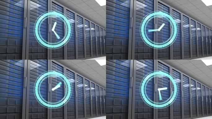 时钟在技术室的计算机服务器上快速移动的动画