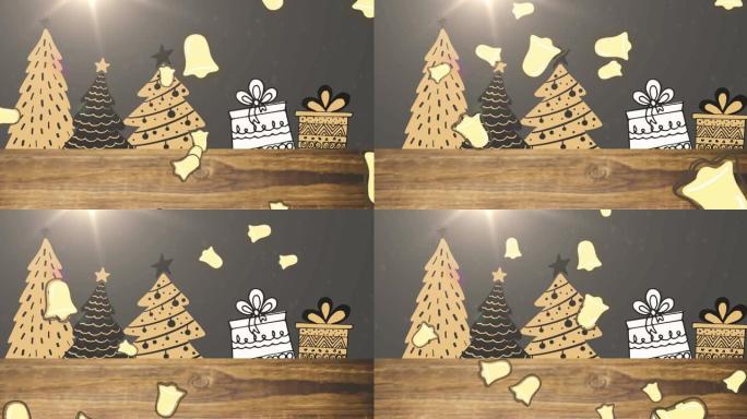 雪花和铃铛落在圣诞树上的动画以及黑色背景上的礼物