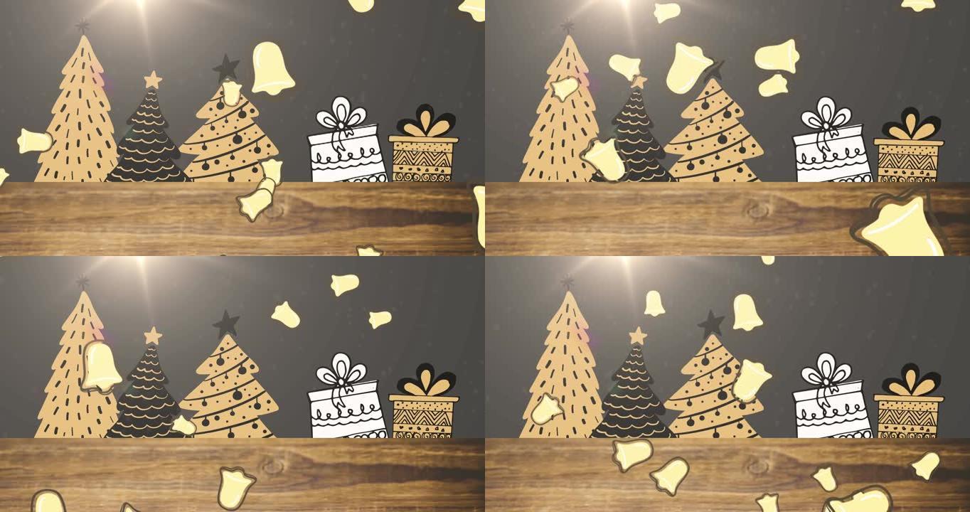 雪花和铃铛落在圣诞树上的动画以及黑色背景上的礼物