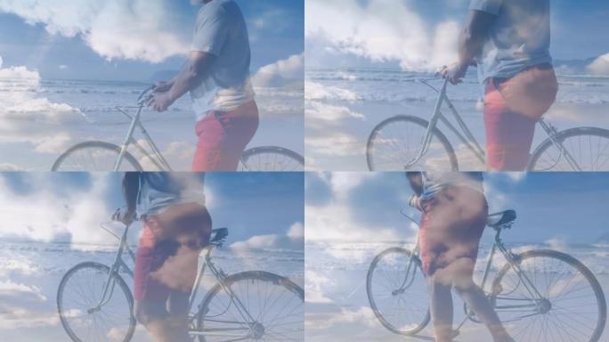 高级黑人在云层上的海滩上骑自行车行走的动画