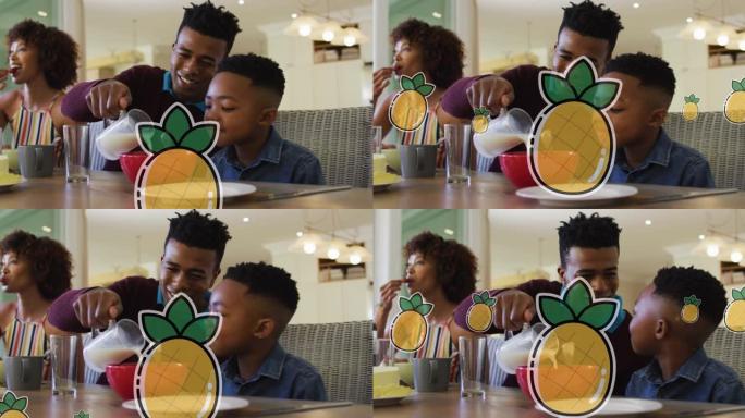 快乐的非洲裔美国父母和儿子在家吃早餐的菠萝动画
