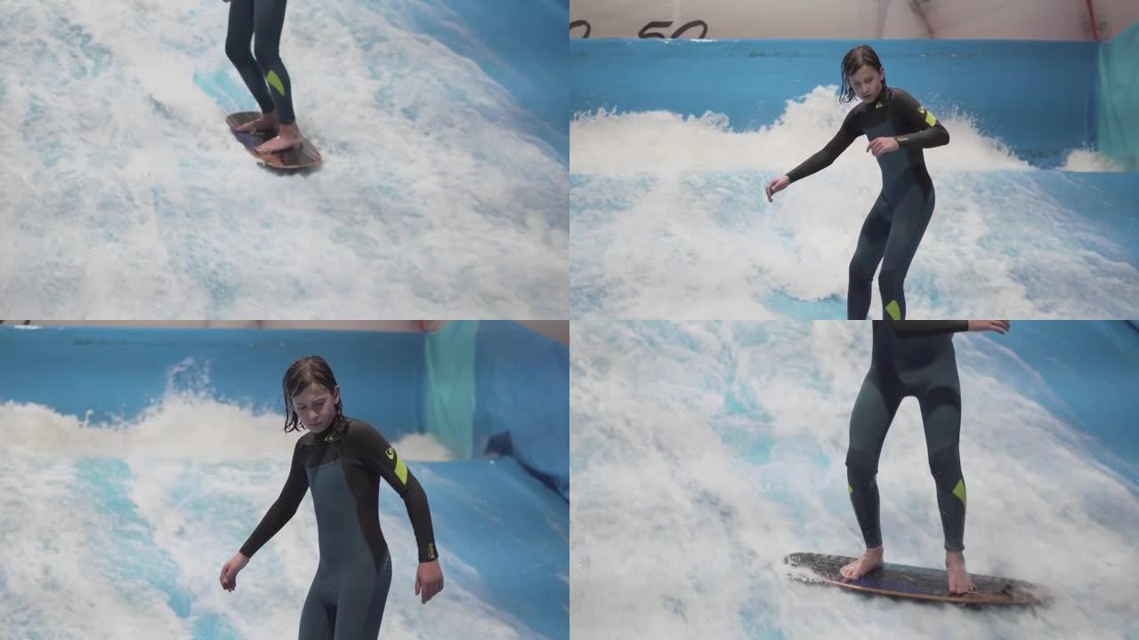 青少年在室内的波浪模拟器上骑着冲浪板。年轻的冲浪者在对产生的波浪进行训练时。水上运动活动。冲浪者孩子