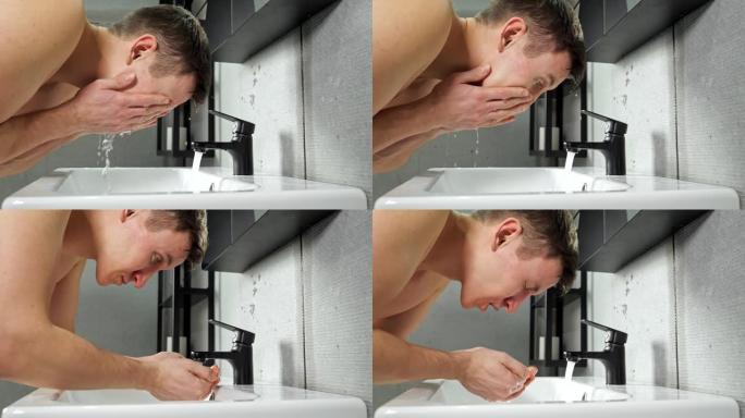 男子在浴室用冷水睡觉后洗脸