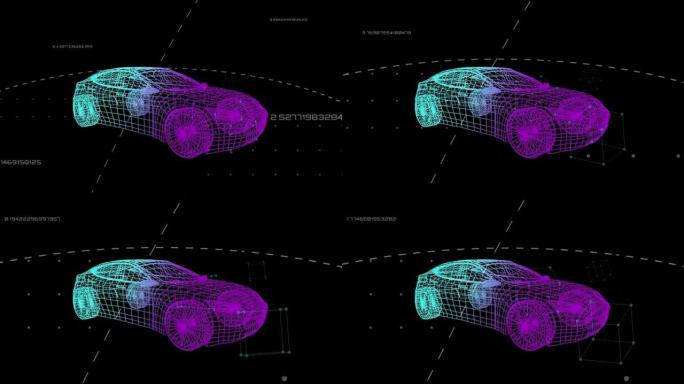 黑色背景上旋转的3d汽车画上的下落形状的动画