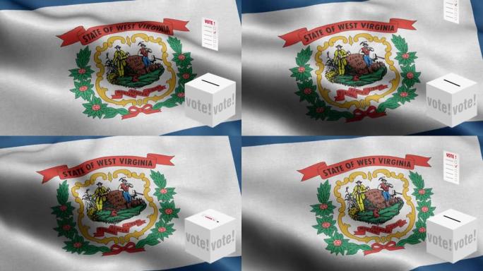 西维吉尼亚州-选票飞到盒子为西维吉尼亚州选择-票箱在国旗前-选举-投票-国旗西维吉尼亚州波浪图案循环