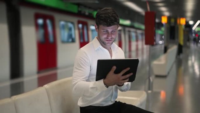 高兴的商人在地铁中使用平板电脑