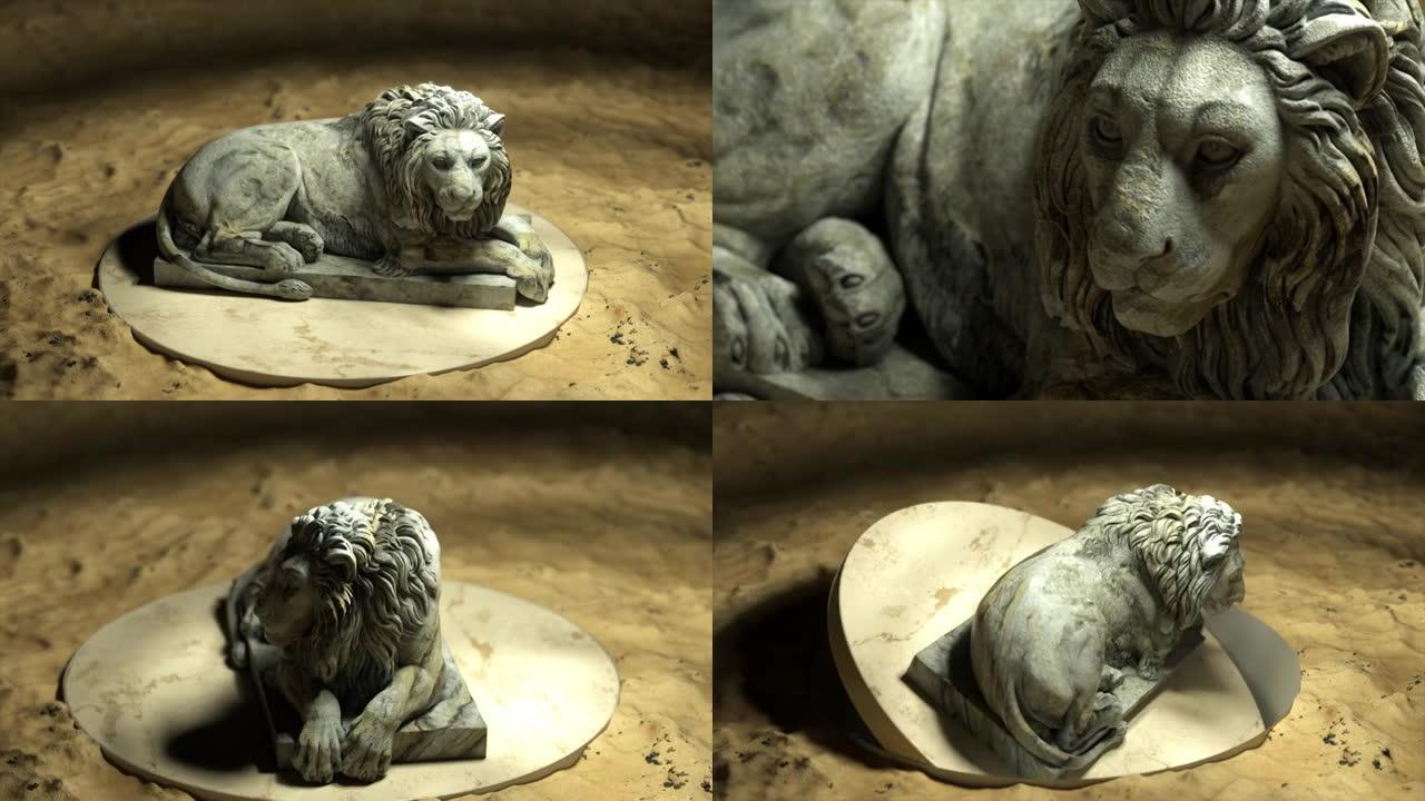 狮子的雕塑在平台上翻转。白色大理石。无缝循环的3d动画