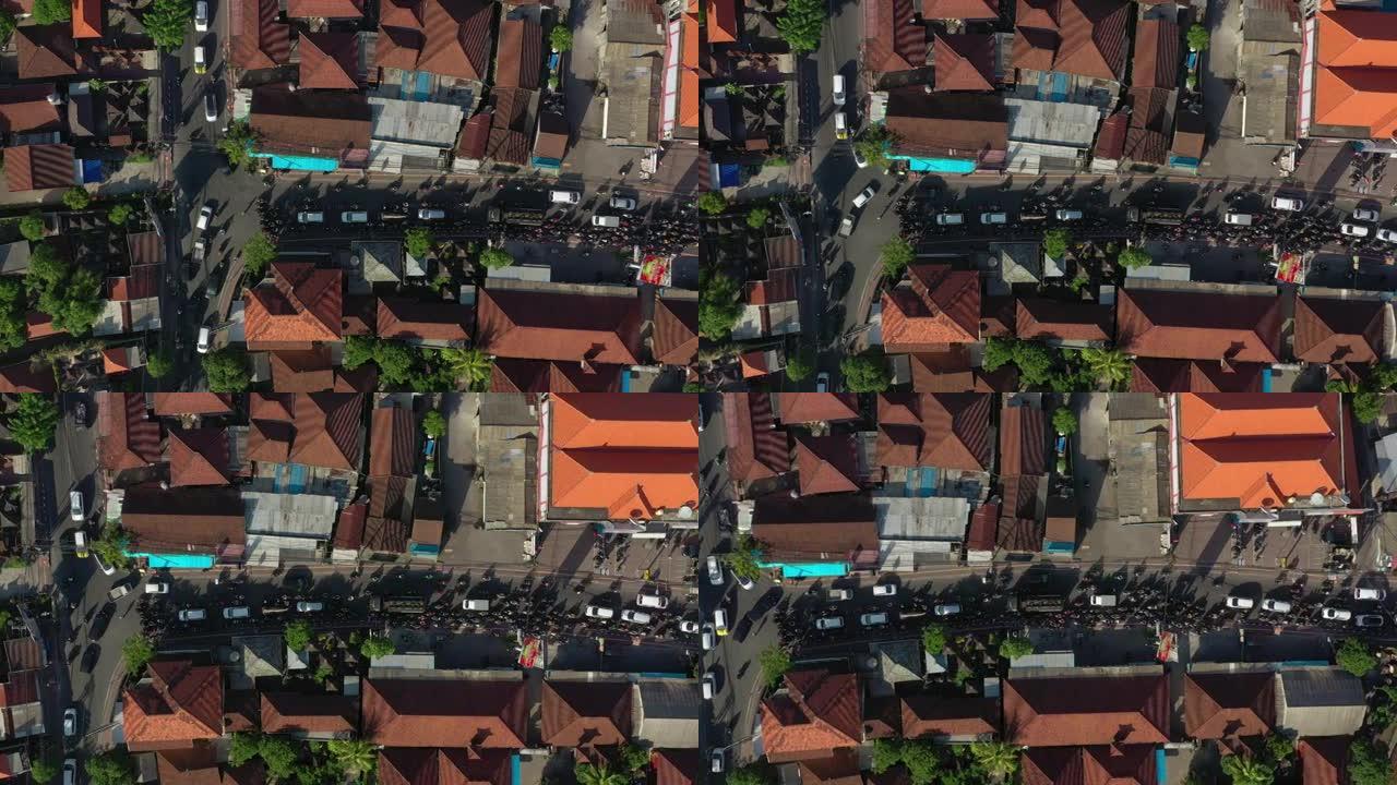 阳光明媚的巴厘岛岛飞行在著名地区空中俯冲全景4k印度尼西亚高交通街十字路口