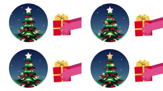 圣诞快乐动画与礼物和松树
