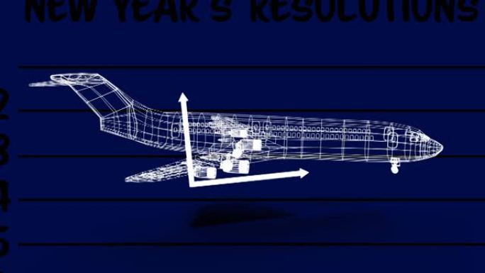 蓝色背景上旋转的3d飞机模型上的统计处理动画