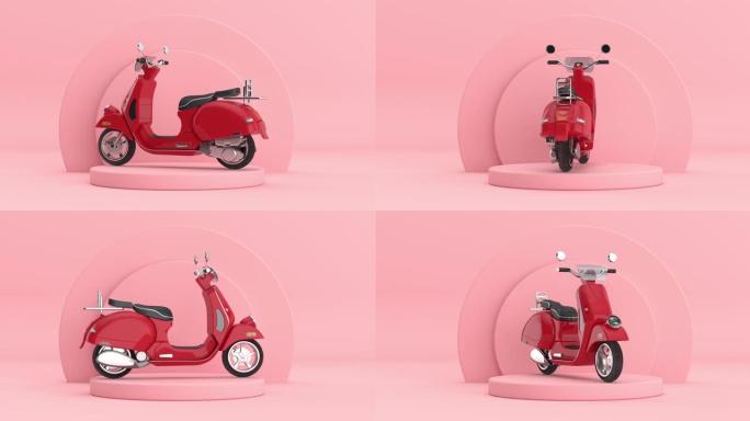 4k分辨率视频: 红色经典复古或电动滑板车旋转粉色气缸产品舞台基座粉色背景循环动画