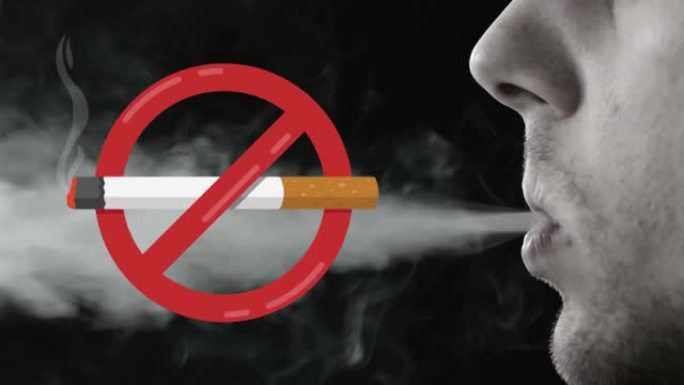 吸烟禁止标志的动画与点燃的香烟和男人的脸