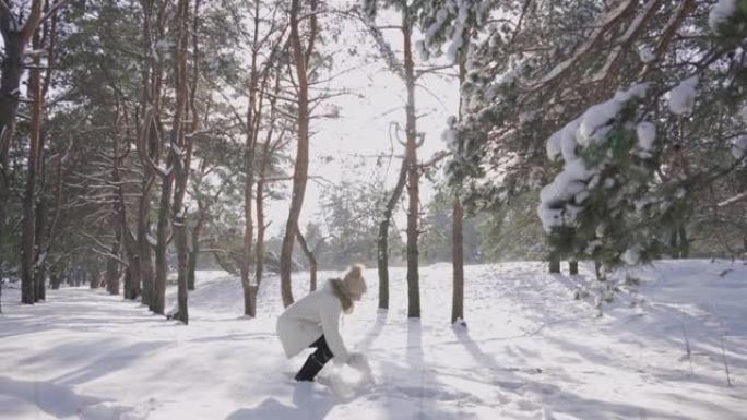 年轻的女孩收集雪在她的手中，并把它扔了。白色蓬松的雪在阳光中闪闪发光。晴天，女人在白雪皑皑的松树林中