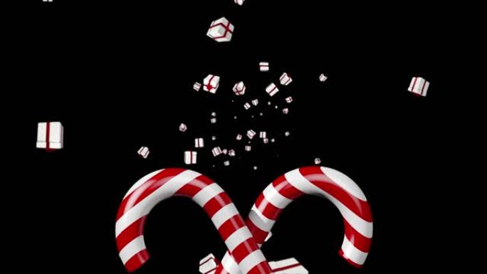 多个圣诞礼物图标上方的糖果手杖图标落在黑色背景下