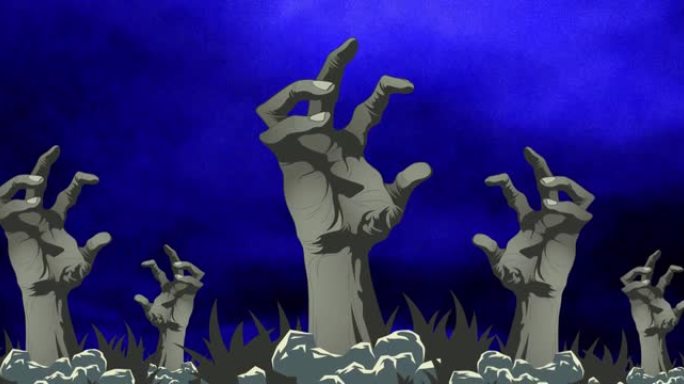 黑色背景上多只僵尸手对抗蓝烟效果的数字动画