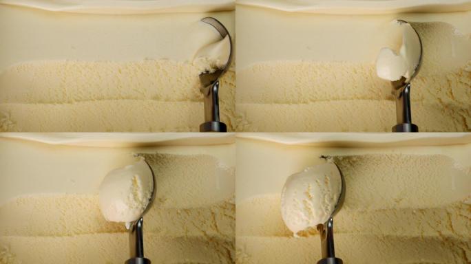 特写，用勺子舀后，冰淇淋味香草的质地。