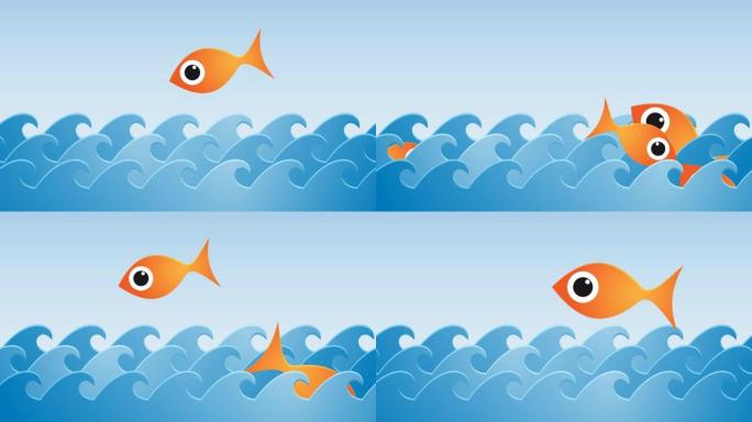 海洋丰富而丰富，鱼从海洋中跳出来。动画卡通。可持续捕鱼概念