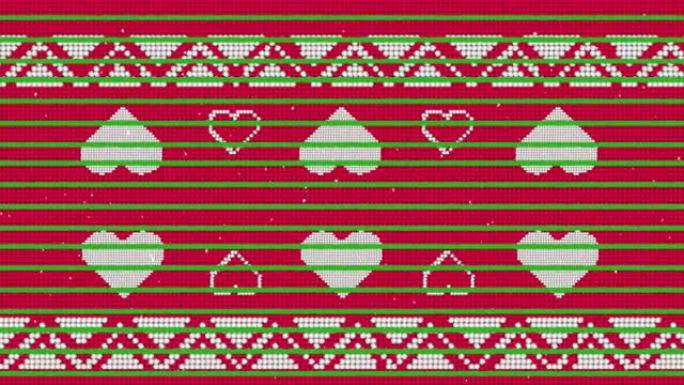 红色背景上传统圣诞节图案上的绿色条纹和雪落在心脏图标上