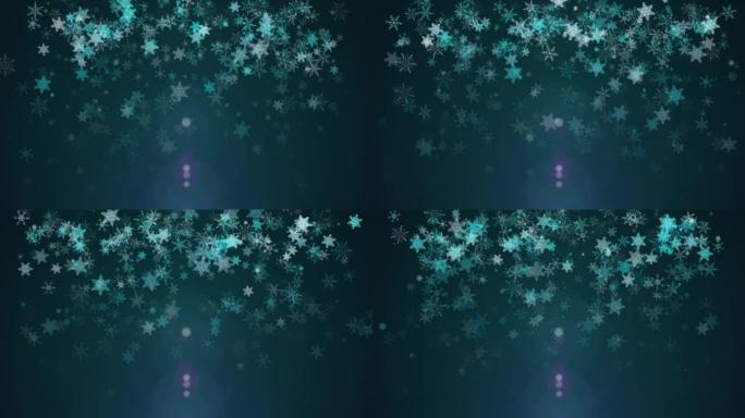 黑暗背景上的4k蓝绿色五彩纸屑雪花。神奇的新年快乐纹理。3D渲染视频圣诞快乐背景
