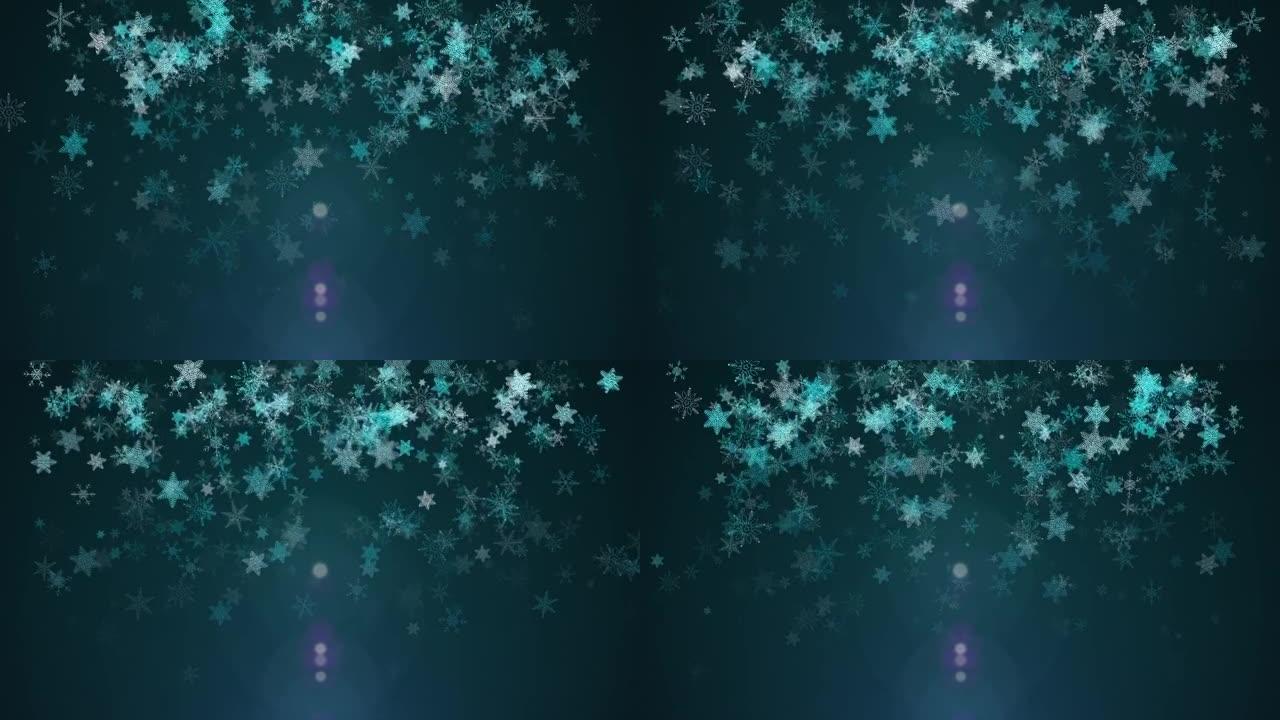 黑暗背景上的4k蓝绿色五彩纸屑雪花。神奇的新年快乐纹理。3D渲染视频圣诞快乐背景