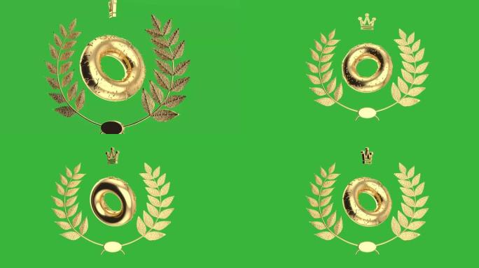 4k分辨率视频: 金色甜甜圈，金色洒水和获奖者奖金月桂花环在绿屏色度键上旋转动画
