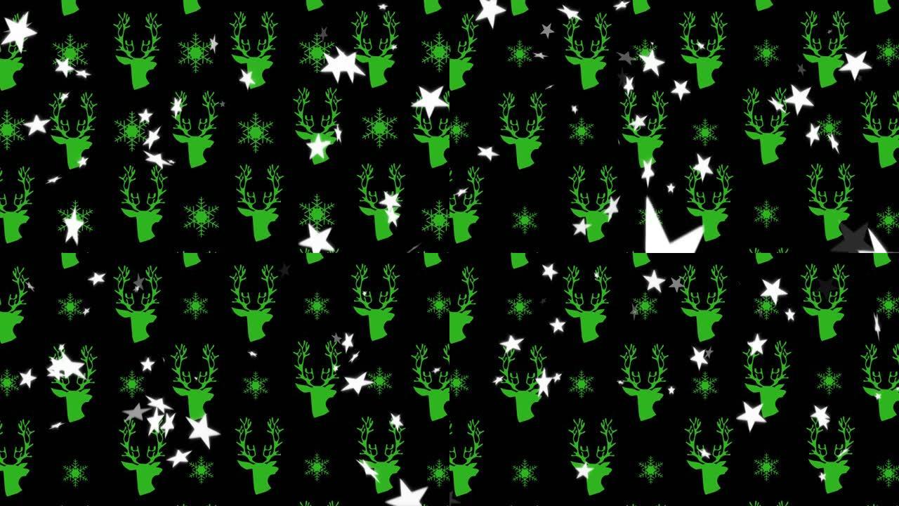 背景中星星掉落在圣诞节绿色驯鹿图案上的动画