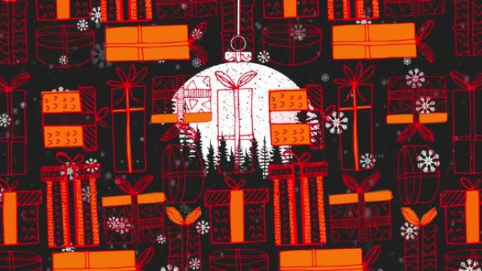 雪花落在小玩意上悬挂装饰在无缝图案的圣诞礼物图标上