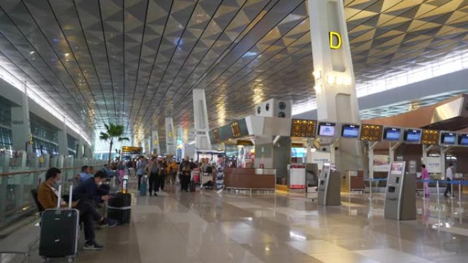 雅加达国际机场主登记大厅慢动作拥挤全景4k印度尼西亚
