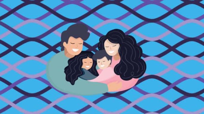 在蓝色的波浪线上，幸福的父母拥抱儿子和女儿的插图动画