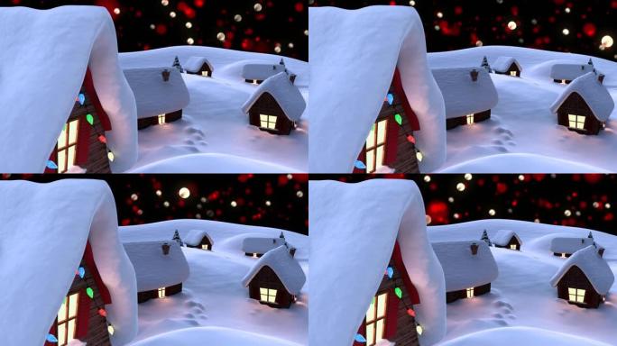 黑色背景上装饰房屋的冬季风景动画