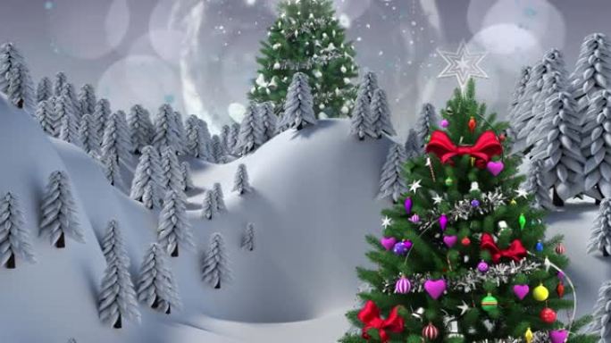 圣诞树的动画，在降雪和冬季景观上装饰