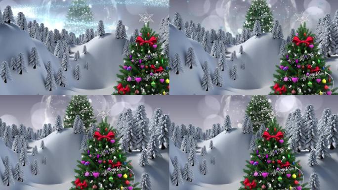 圣诞树的动画，在降雪和冬季景观上装饰