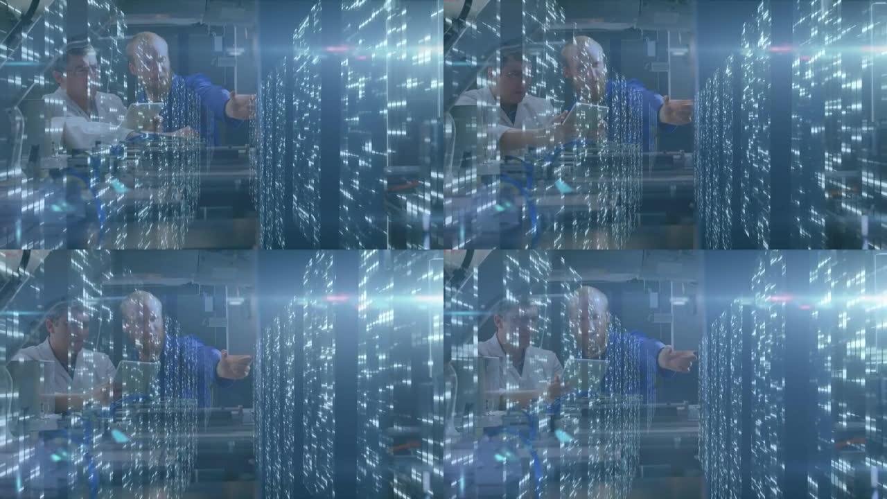 用平板电脑对男性科学家进行数据处理的动画