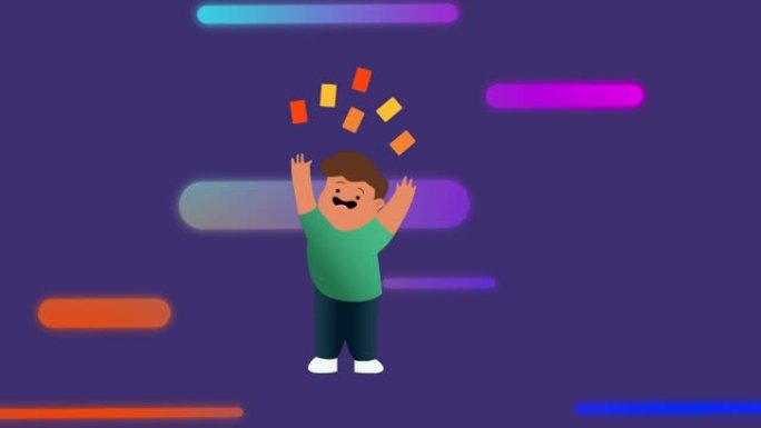 紫色背景上彩色形状的扑克牌快乐男孩插图动画