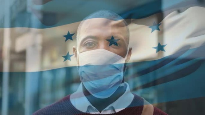 洪都拉斯国旗的动画挥舞着戴着口罩的非裔美国人