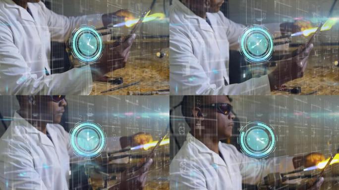 在实验室工作的非洲裔美国男性科学家上移动时钟的动画