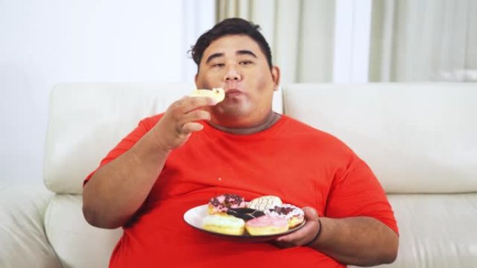 肥胖男子在沙发上吃一盘甜甜圈