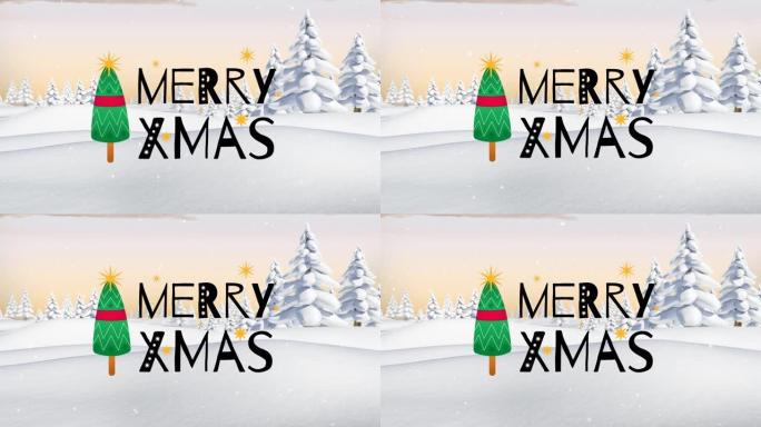 冬季景观上的圣诞快乐文本动画