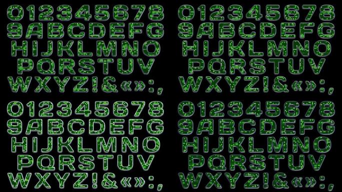 现代字母表。3d。带有像素装饰的金属字体。动画字母将被组装成铭文。