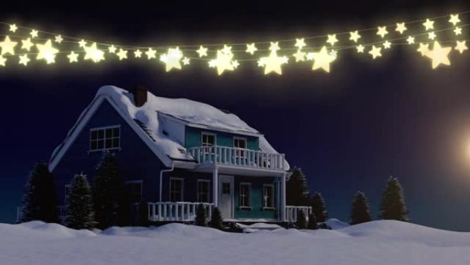 流星和圣诞星的动画在积雪覆盖的房屋上点亮