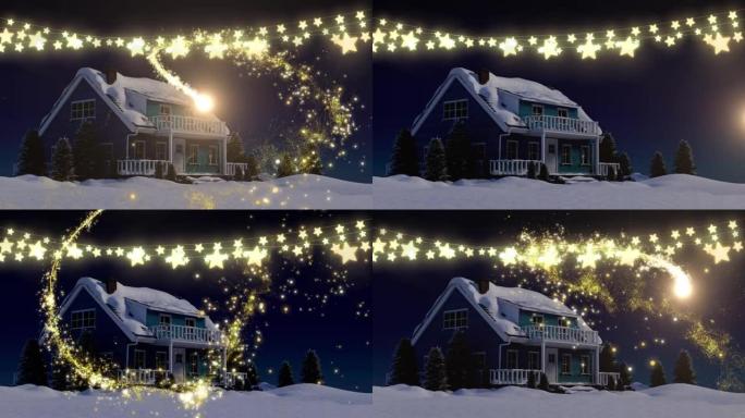 流星和圣诞星的动画在积雪覆盖的房屋上点亮