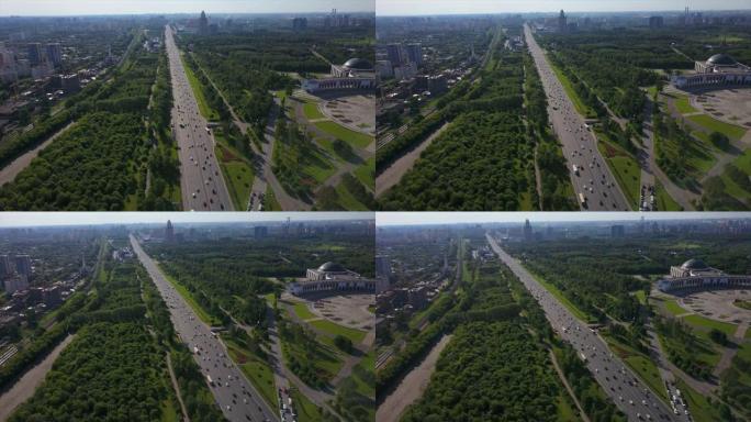 俄罗斯夏日现代莫斯科市著名的库图佐夫斯基交通大道空中全景4k