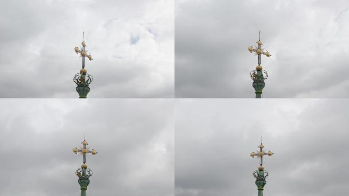 乌克兰利沃夫市拉丁大教堂教堂圆顶的空中无人机镜头，多云的天空背景