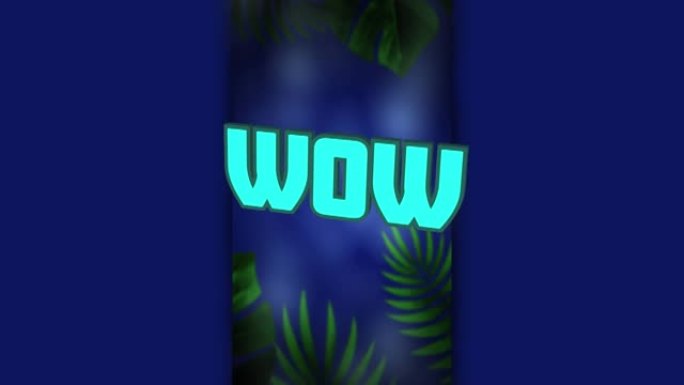 蓝色霓虹灯发光字母在树叶上的wow文本动画