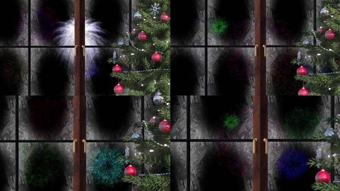 窗户与雪和圣诞树的动画和夜空中的烟花