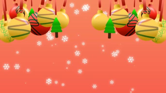 圣诞背景与摇摆的叮当铃，圣诞树和明星。红色渐变屏幕上的雪花。庆祝、许愿和问候镜头的概念。