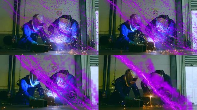 男性工程师焊接上的紫色发光网格动画